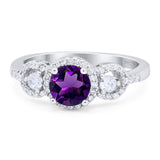 Three Stone Round Natural Amethyst Wedding Ring 925 Sterling Silver