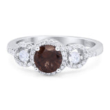 Three Stone Round Natural Chocolate Smoky Quartz Wedding Ring 925 Sterling Silver