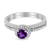 Two Piece Round Natural Amethyst Wedding Set Ring 925 Sterling Silver