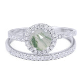 Two Piece Round Natural Green Moss Agate Wedding Set Ring 925 Sterling Silver