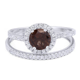 Two Piece Round Natural Chocolate Smoky Quartz Wedding Set Ring 925 Sterling Silver