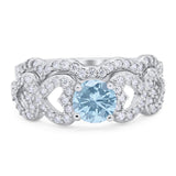 Two Piece Round Natural Aquamarine Art Deco Ring 925 Sterling Silver