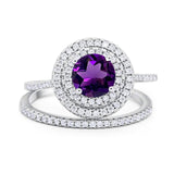 Two Piece Round Natural Amethyst Double Halo Ring 925 Sterling Silver