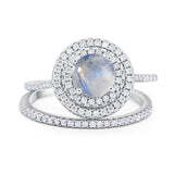 Two Piece Round Natural Moonstone Double Halo Ring 925 Sterling Silver