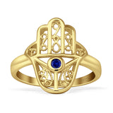 Art Deco 18mm Evil Eye  Round Blue Sapphire CZ Hamsa Ring 925 Sterling Silver