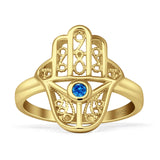 Art Deco 18mm Evil Eye  Round Blue Topaz CZ Hamsa Ring 925 Sterling Silver