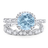 Two Piece Round Natural Aquamarine Wedding Set Ring 925 Sterling Silver