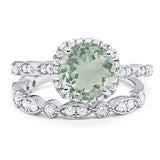 Two Piece Round Natural Green Amethyst Prasiolite Wedding Set Ring 925 Sterling Silver