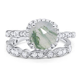 Two Piece Round Natural Green Moss Agate Wedding Set Ring 925 Sterling Silver