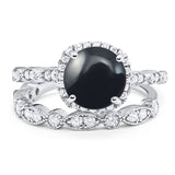 Two Piece Round Natural Black Onyx Wedding Set Ring 925 Sterling Silver