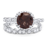 Two Piece Round Natural Chocolate Smoky Quartz Wedding Set Ring 925 Sterling Silver