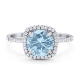 Art Deco Round Natural Aquamarine Wedding Halo Ring 925 Sterling Silver