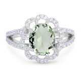 Vintage Style Oval Natural Green Amethyst Prasiolite Flower Ring 925 Sterling Silver