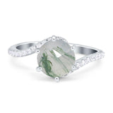 Art Deco Round Natural Green Moss Agate Twisted Swirl Ring 925 Sterling Silver