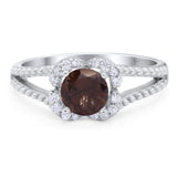 Art Deco Round Natural Chocolate Smoky Quartz Floral Ring 925 Sterling Silver