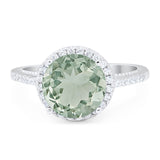 Art Deco Round Natural Green Amethyst Prasiolite Hidden Halo Ring 925 Sterling Silver