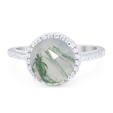 Art Deco Round Natural Green Moss Agate Hidden Halo Ring 925 Sterling Silver