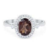 Art Deco Oval Natural Chocolate Smoky Quartz Halo Wedding Ring 925 Sterling Silver