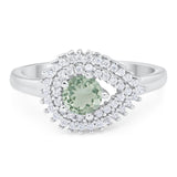 Round Natural Green Amethyst Prasiolite Sideways Pear Halo Ring 925 Sterling Silver