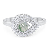 Round Natural Green Moss Agate Sideways Pear Halo Ring 925 Sterling Silver