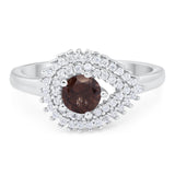 Round Natural Chocolate Smoky Quartz Sideways Pear Halo Ring 925 Sterling Silver