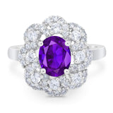 Vintage Style Oval Natural Amethyst Flower Ring 925 Sterling Silver