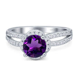 Art Deco Round Natural Amethyst Split Shank Ring 925 Sterling Silver