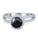 Art Deco Round Natural Black Onyx Split Shank Ring 925 Sterling Silver