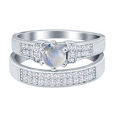 Two Piece Round Natural Moonstone Cluster Bridal Ring 925 Sterling Silver
