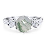 Vintage Style Round Natural Green Moss Agate Cluster Ring 925 Sterling Silver