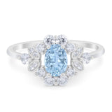 Oval Natural Aquamarine Floral Cluster CZ Ring 925 Sterling Silver