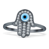 Hand Of Hamsa 13mm Evil Eye Cubic Zirconia Ring 925 Sterling Silver