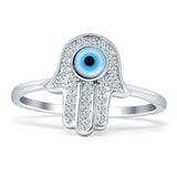 Hand Of Hamsa 13mm Evil Eye Cubic Zirconia Ring 925 Sterling Silver