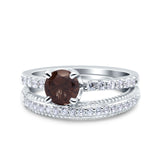 Two Piece Round Natural Chocolate Smoky Quartz Half Eternity Band 925 Sterling Silver