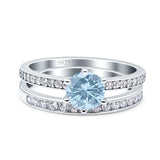 Two Piece Round Natural Aquamarine Bridal Ring 925 Sterling Silver
