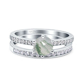 Two Piece Round Natural Green Moss Agate Bridal Ring 925 Sterling Silver