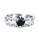 Two Piece Round Natural Black Onyx Bridal Ring 925 Sterling Silver