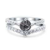 Two Piece Round Natural Rutilated Quartz Chevron Ring 925 Sterling Silver