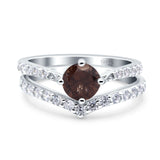 Two Piece Round Natural Chocolate Smoky Quartz Chevron Ring 925 Sterling Silver