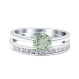 Two Piece Round Natural Green Amethyst Prasiolite Eternity Ring 925 Sterling Silver