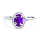 Art Deco Oval Natural Amethyst Beaded Halo CZ Ring 925 Sterling Silver
