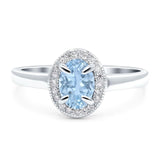 Art Deco Oval Natural Aquamarine Beaded Halo CZ Ring 925 Sterling Silver