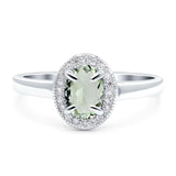 Art Deco Oval Natural Green Amethyst Prasiolite Beaded Halo CZ Ring 925 Sterling Silver