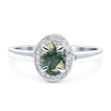 Art Deco Oval Natural Green Moss Agate Beaded Halo CZ Ring 925 Sterling Silver