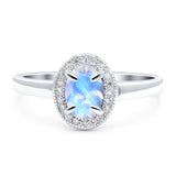 Art Deco Oval Natural Moonstone Beaded Halo CZ Ring 925 Sterling Silver