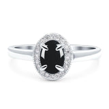 Art Deco Oval Natural Black Onyx Beaded Halo CZ Ring 925 Sterling Silver