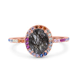 Oval Natural Stone Halo Wedding Ring