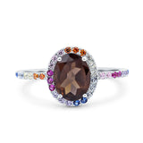 Oval Natural Chocolate Smoky Quartz Vintage Style Halo Ring 925 Sterling Silver