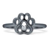 Dog Puppy 9mm Paw Print Solitaire Ring Cubic Zirconia 925 Sterling Silver