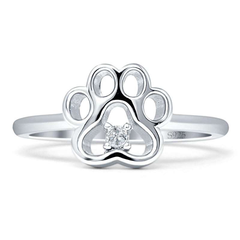 Dog Puppy 9mm Paw Print Solitaire Ring Cubic Zirconia 925 Sterling Silver